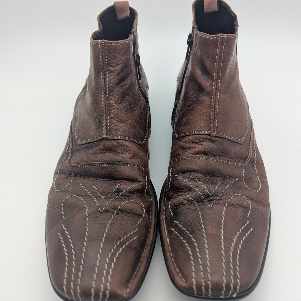 Bacco Bucci mens Brown Leather Ankle Boots Made Italy Size 12 Western Stitch - Picture 3 of 14